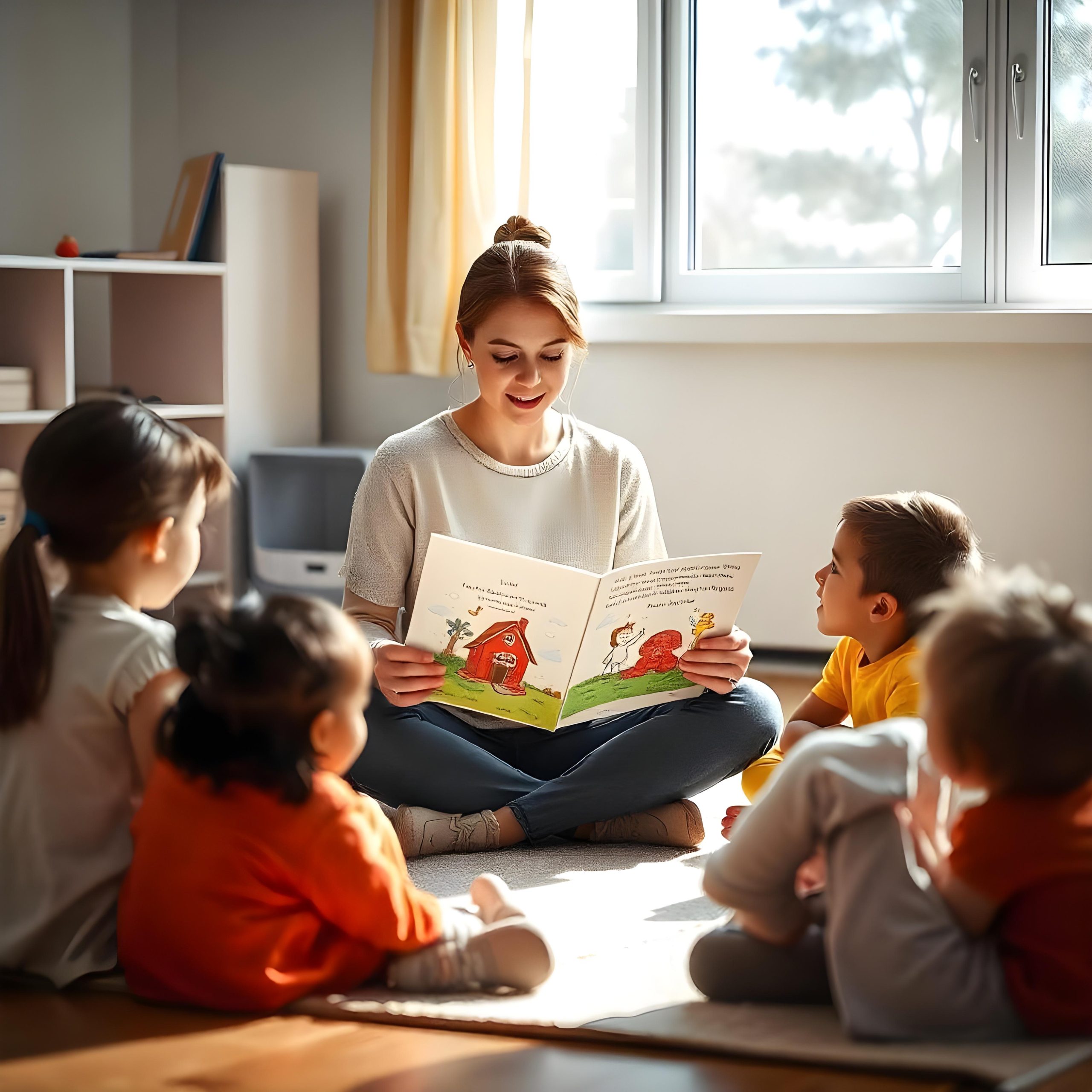 teacher-reading-storybook-kindergarten-students teacher-reading-storybook-kindergarten-students